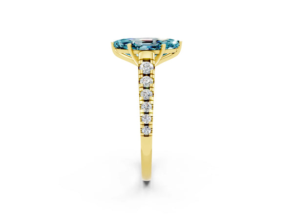 Yellow gold Marquise Cut Blue Topaz Cathedral Solitaire Ring with Round  Pavé Band