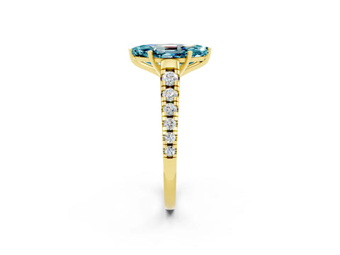 Yellow gold Fancy White Marquise Cut Blue Topaz Solitaire Ring with Cathedral Setting and Pavé Band_2