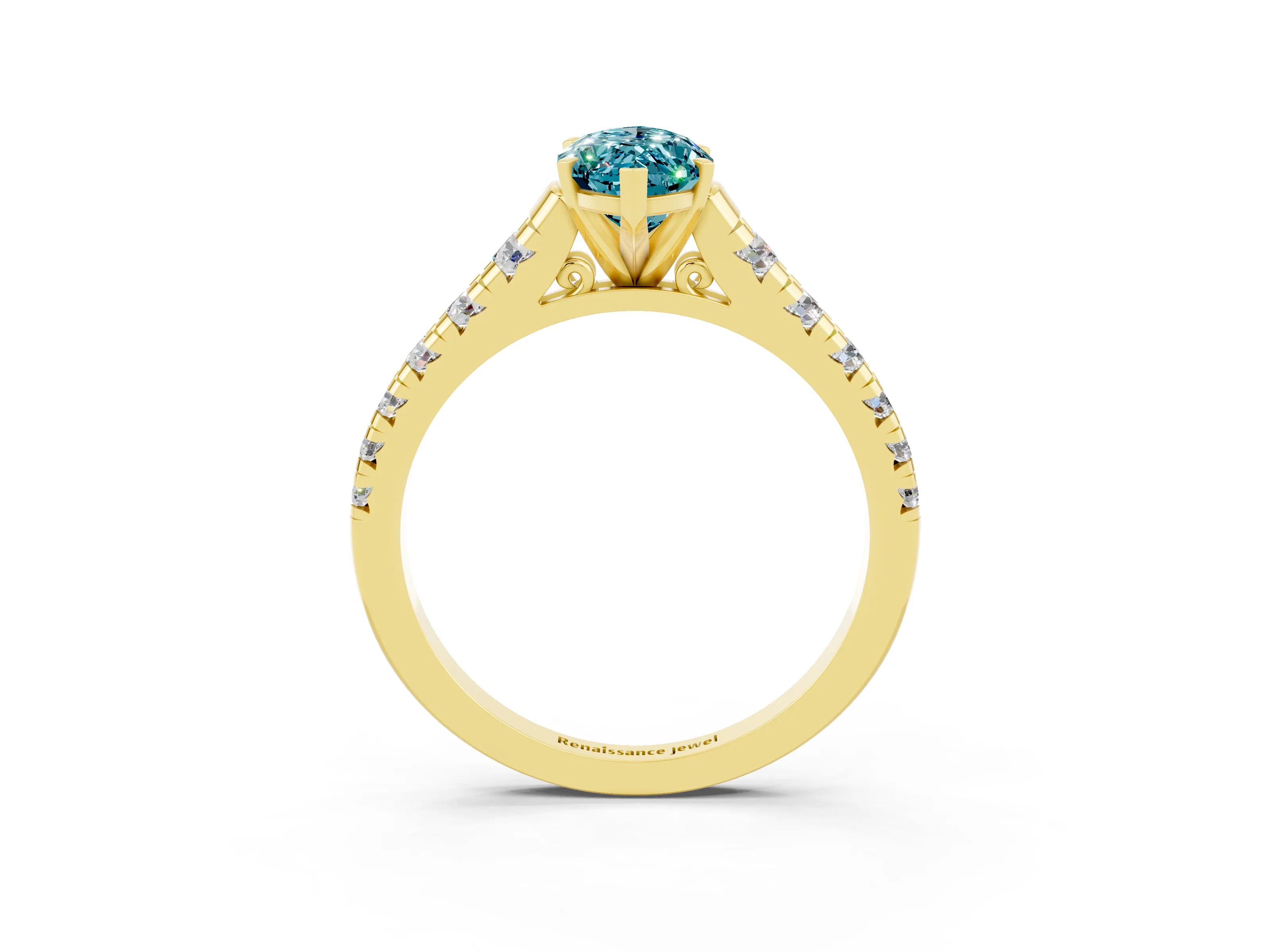 Yellow gold Fancy White Marquise Cut Blue Topaz Solitaire Ring with Cathedral Setting and Pavé Band_3