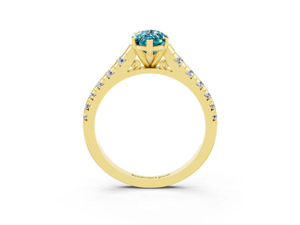 Yellow gold Marquise Cut Blue Topaz Cathedral Solitaire Ring with Round  Pavé Band