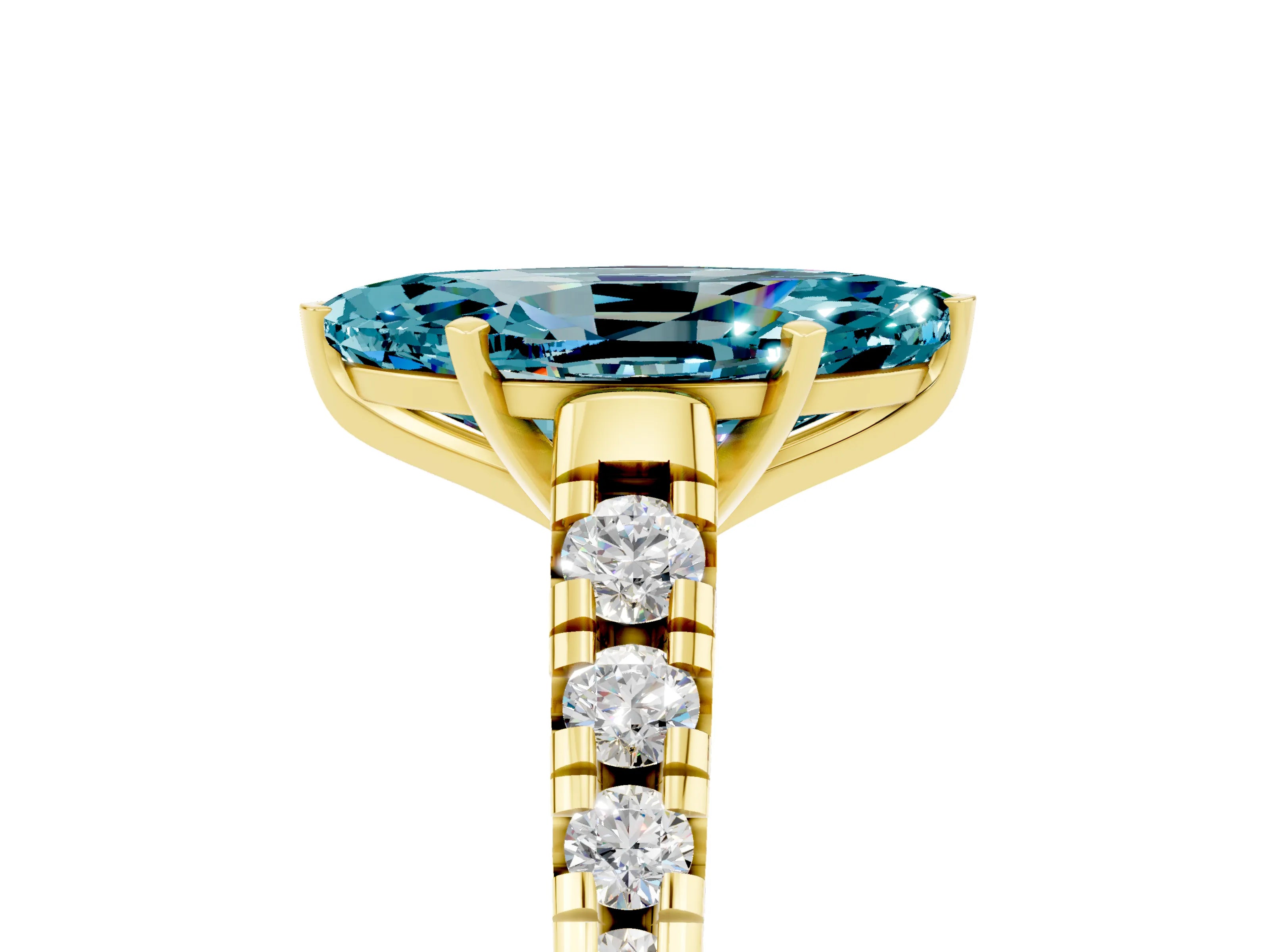 Yellow gold Fancy White Marquise Cut Blue Topaz Solitaire Ring with Cathedral Setting and Pavé Band_5