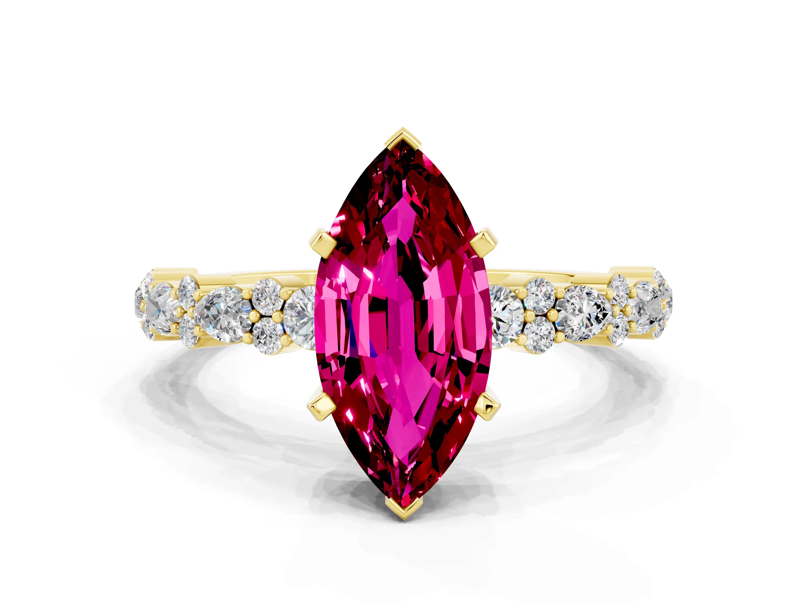Yellow gold Fancy White Marquise Cut Garnet Solitaire with Side Stones, Pave Band, Four-Prong Setting