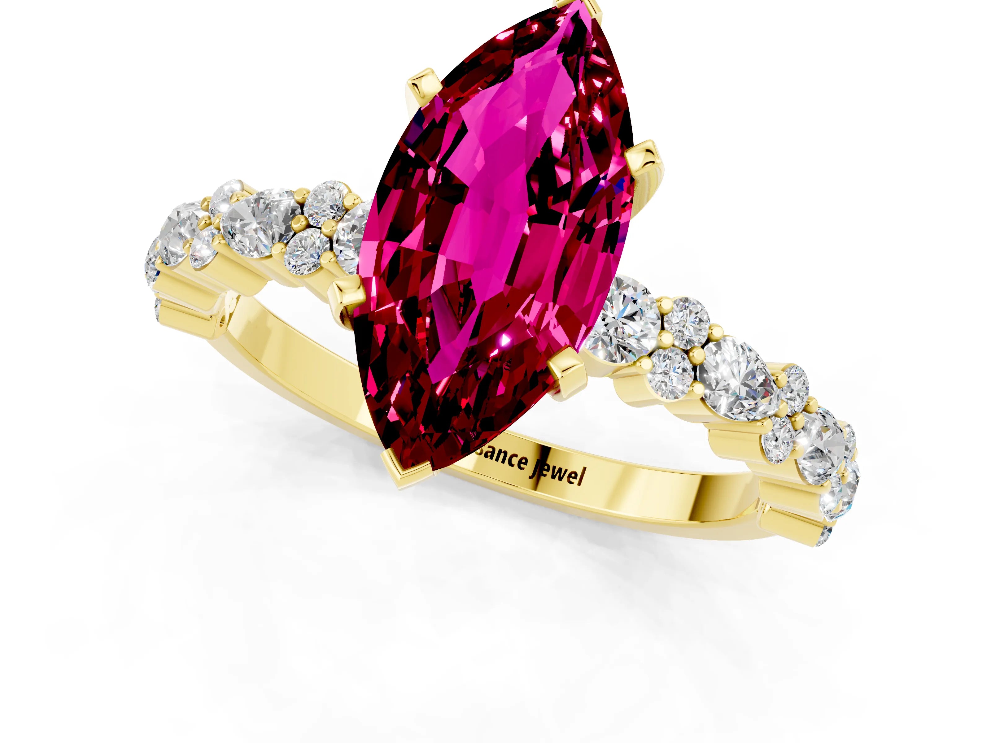Yellow gold Fancy White Marquise Cut Garnet Solitaire with Side Stones, Pave Band, Four-Prong Setting_1