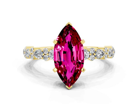 Yellow gold Fancy White Marquise Cut Garnet Solitaire with Side Stones, Pave Band, Four-Prong Setting