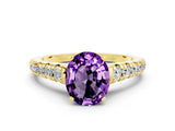 Yellow gold Fancy White Oval Cut Amethyst Solitaire Ring with Cathedral Setting and Pavé Band
