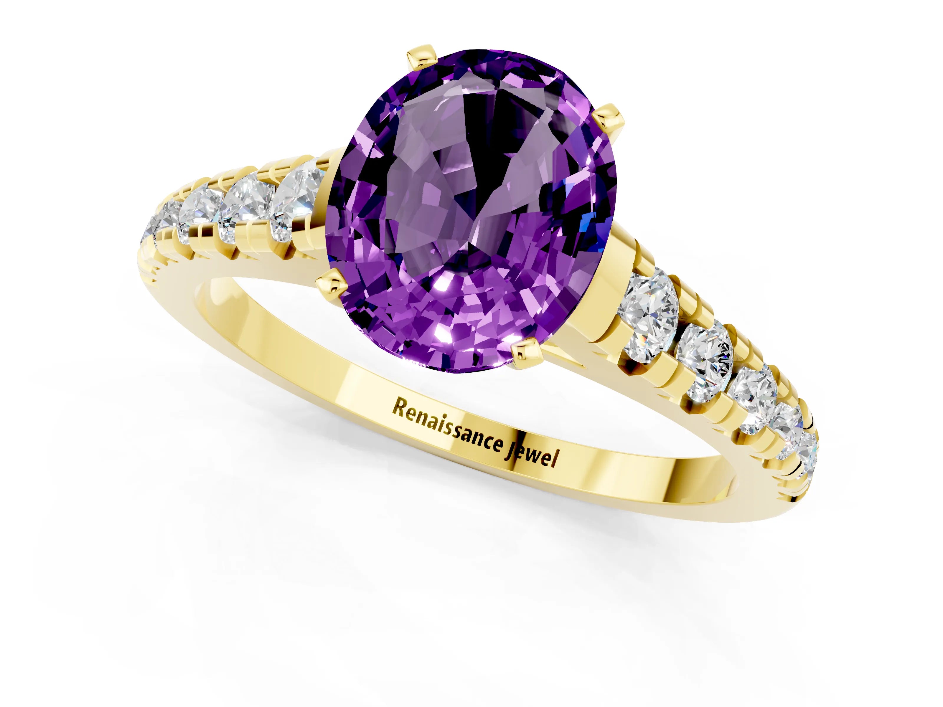 Yellow gold Fancy White Oval Cut Amethyst Solitaire Ring with Cathedral Setting and Pavé Band_1