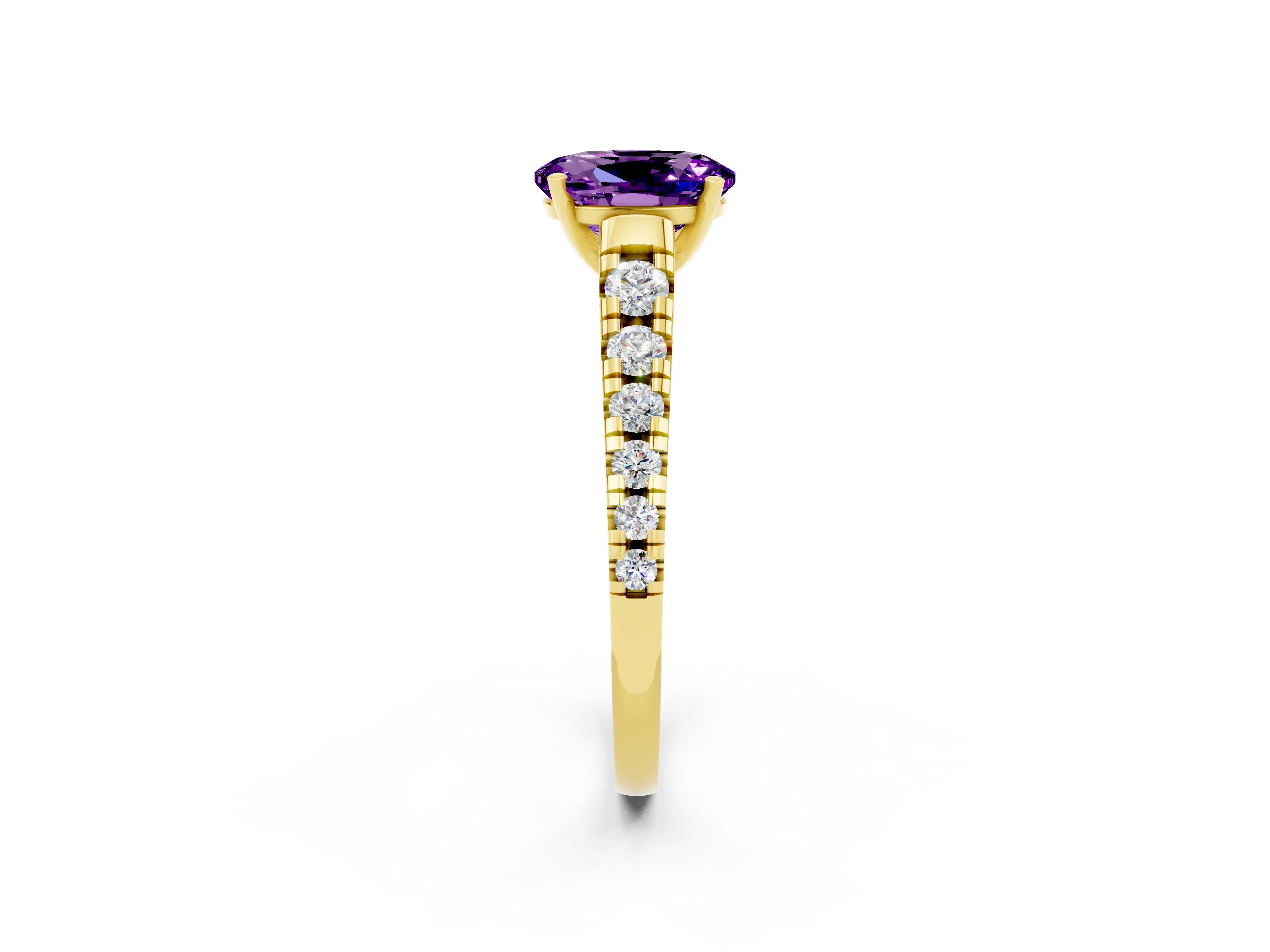Yellow gold Fancy White Oval Cut Amethyst Solitaire Ring with Cathedral Setting and Pavé Band_2