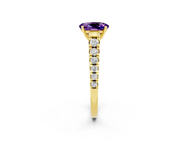 Yellow gold Oval Cut Amethyst Cathedral Solitaire Ring with Round  Pavé Band