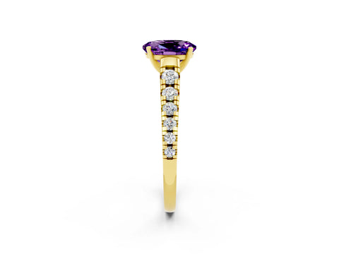 Yellow gold Fancy White Oval Cut Amethyst Solitaire Ring with Cathedral Setting and Pavé Band_2