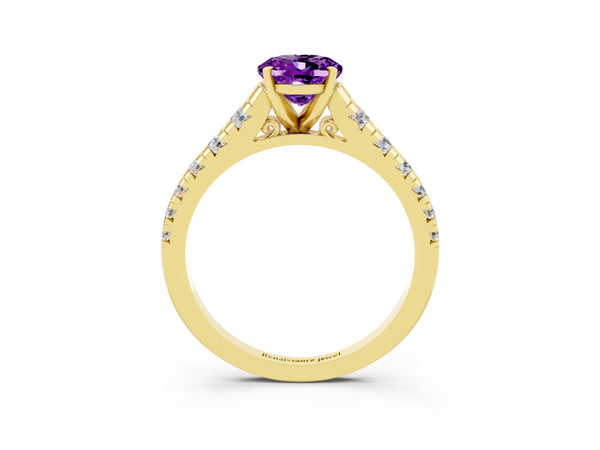 Yellow gold Oval Cut Amethyst Cathedral Solitaire Ring with Round  Pavé Band