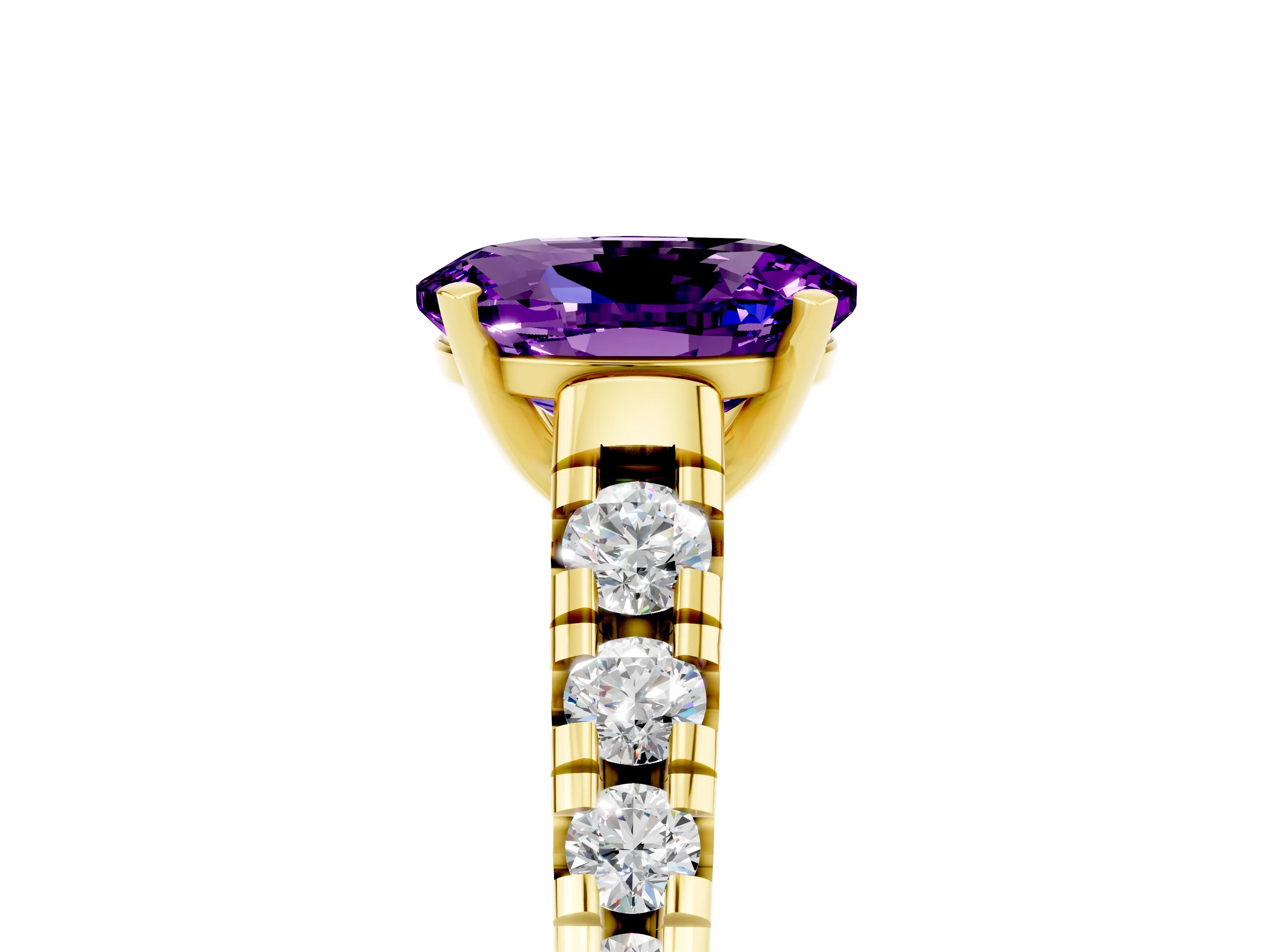 Yellow gold Fancy White Oval Cut Amethyst Solitaire Ring with Cathedral Setting and Pavé Band_5
