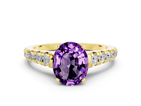 Yellow gold Fancy White Oval Cut Amethyst Solitaire Ring with Cathedral Setting and Pavé Band