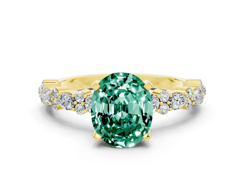 Yellow gold Fancy White Oval Cut Green Sapphire Solitaire with Side Stones, Pave Band, Four-Prong Setting_12