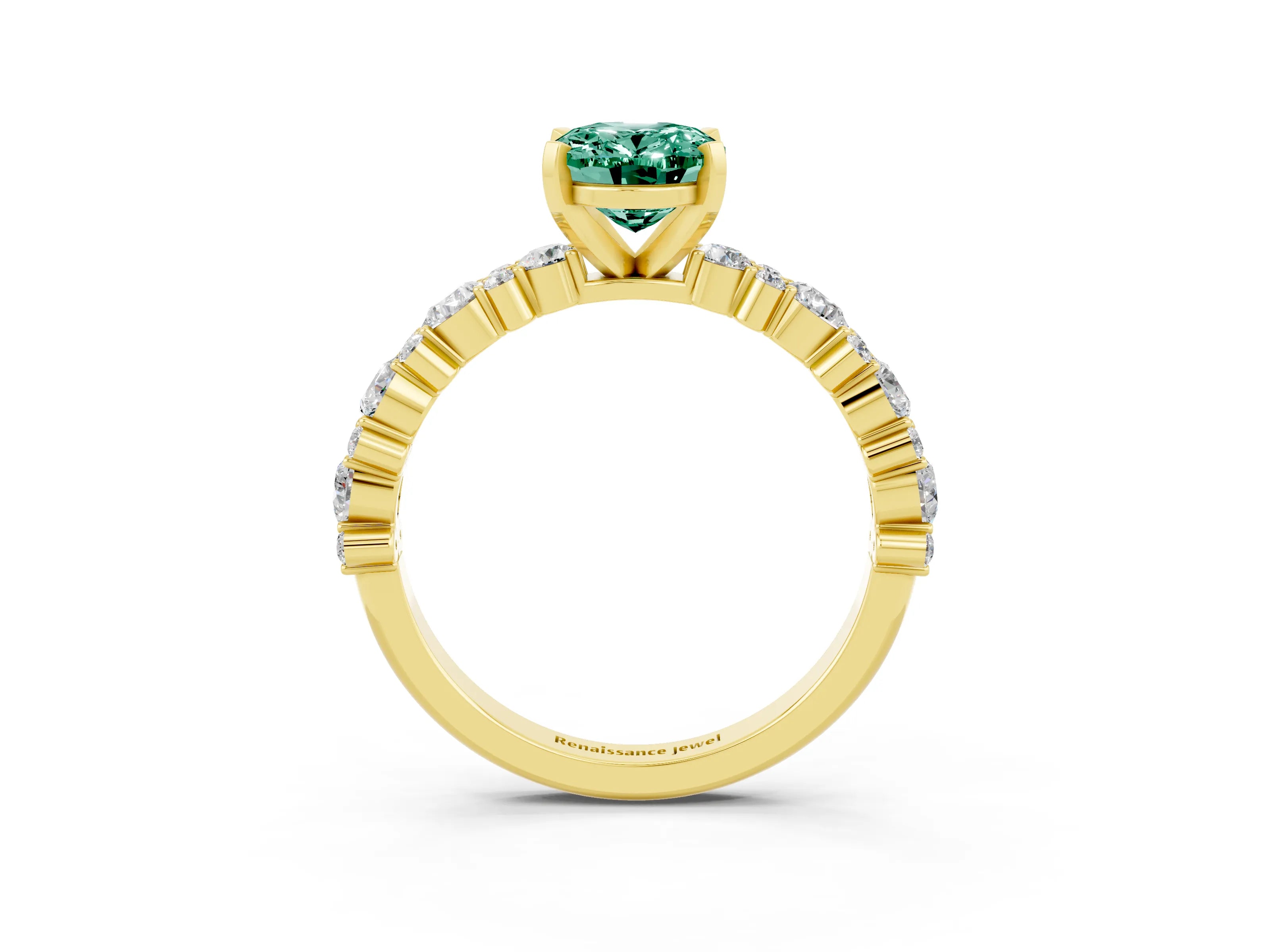 Yellow gold Fancy White Oval Cut Green Sapphire Solitaire with Side Stones, Pave Band, Four-Prong Setting_15