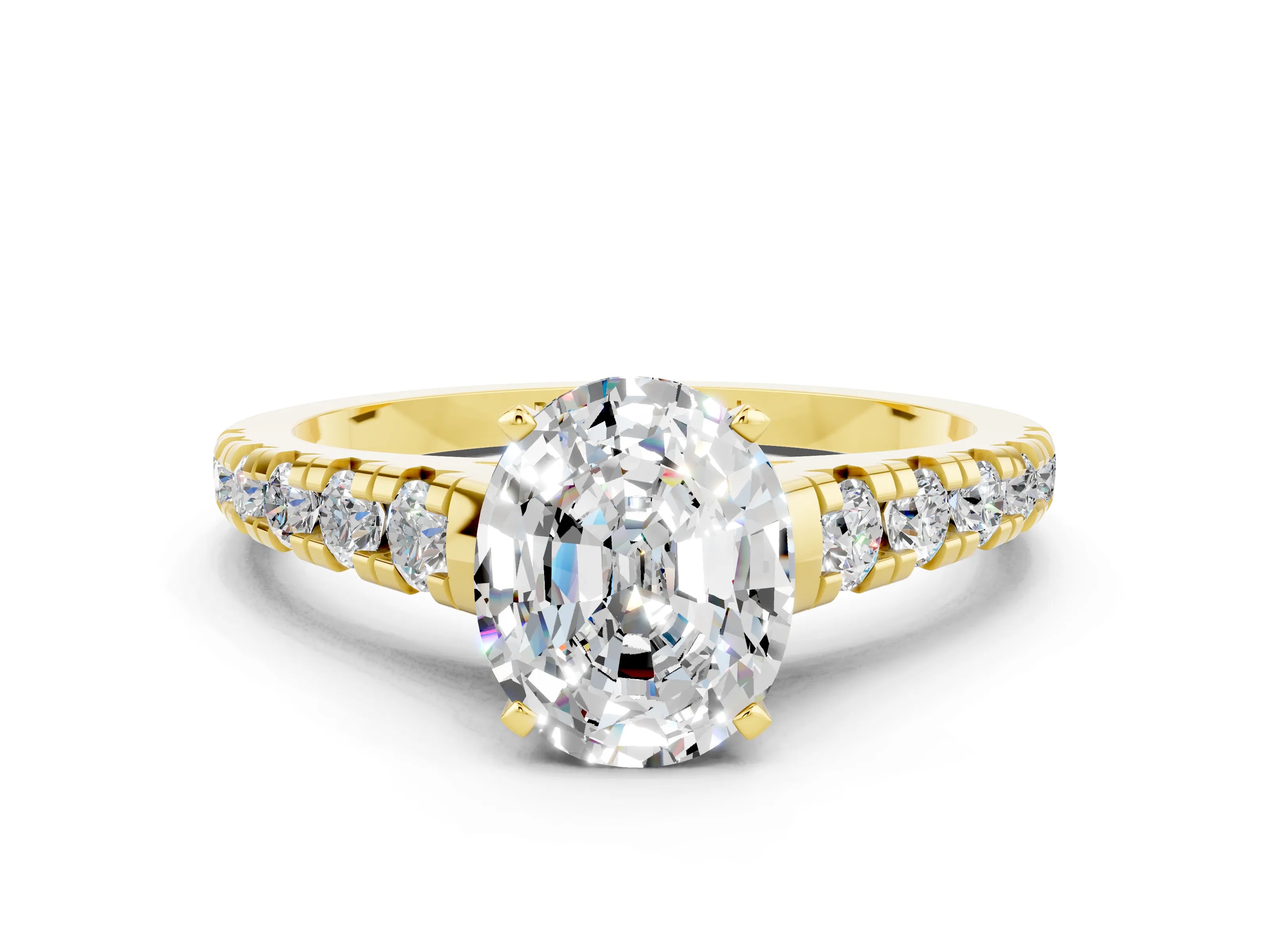 Yellow gold Fancy White Oval Cut Moissanite Solitaire Ring with Cathedral Setting and Pavé Band