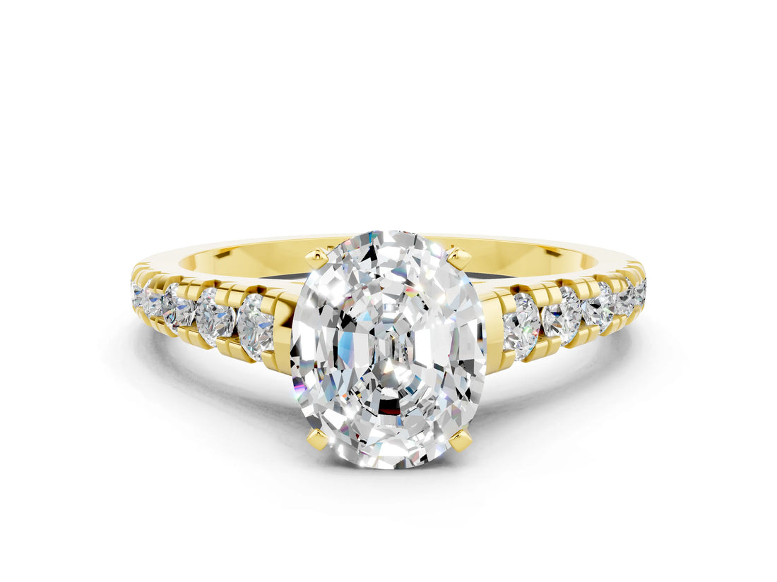 Yellow gold Fancy White Oval Cut Moissanite Solitaire Ring with Cathedral Setting and Pavé Band