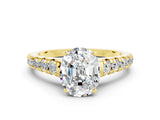Yellow gold Fancy White Oval Cut Moissanite Solitaire Ring with Cathedral Setting and Pavé Band