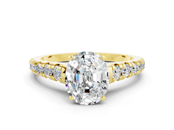 Yellow gold Oval Cut Moissanite Cathedral Solitaire Ring with Round  Pavé Band