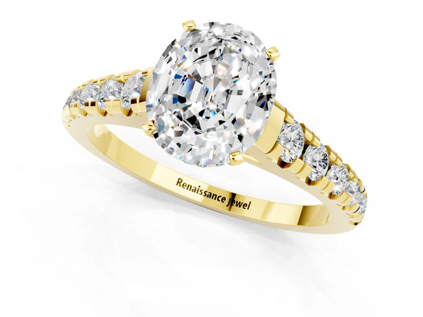 Yellow gold Oval Cut Moissanite Cathedral Solitaire Ring with Round  Pavé Band
