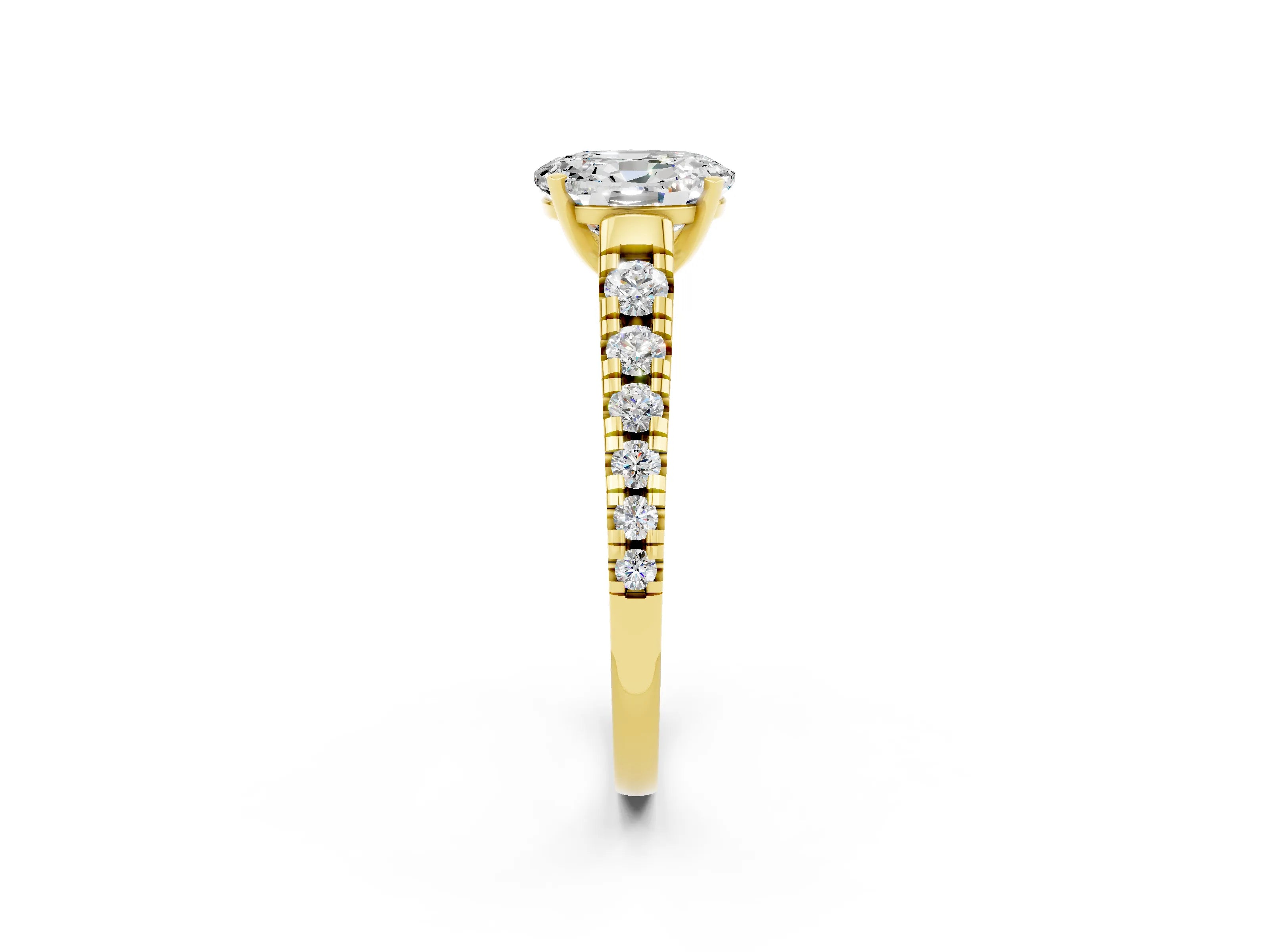 Yellow gold Fancy White Oval Cut Moissanite Solitaire Ring with Cathedral Setting and Pavé Band_2