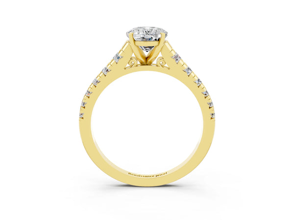 Yellow gold Oval Cut Moissanite Cathedral Solitaire Ring with Round  Pavé Band
