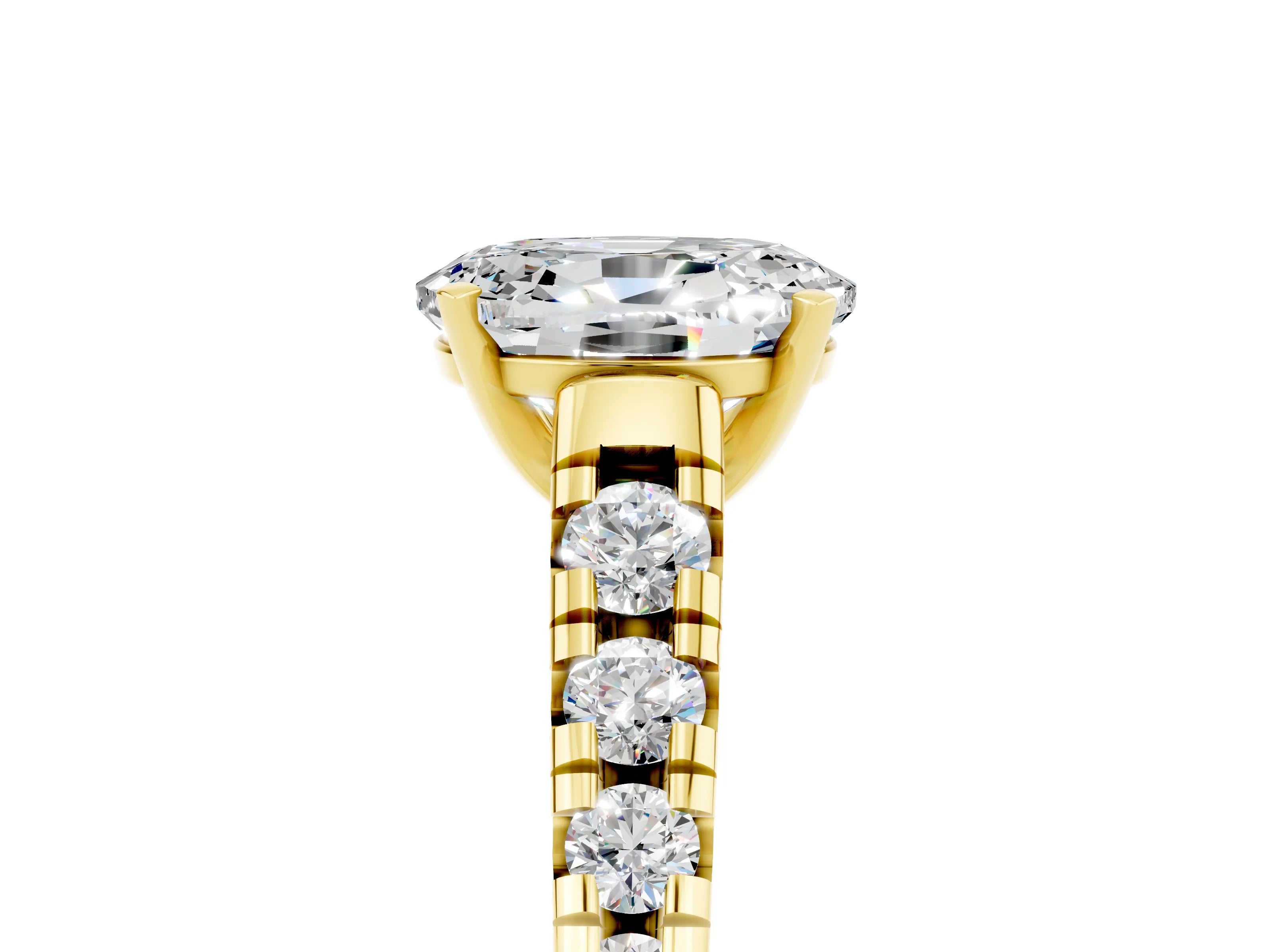 Yellow gold Fancy White Oval Cut Moissanite Solitaire Ring with Cathedral Setting and Pavé Band_5