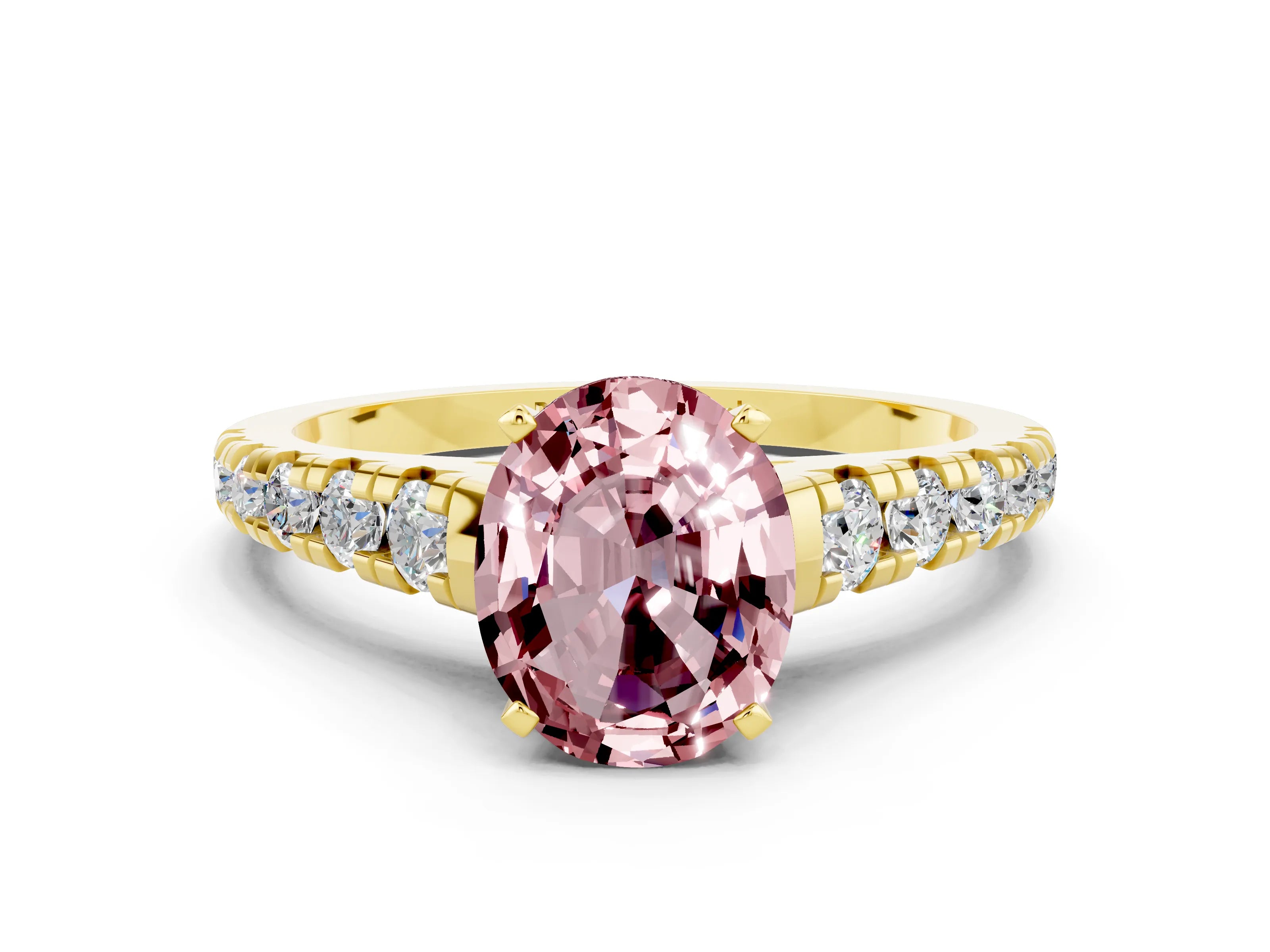 Yellow gold Fancy White Oval Cut Morganite Solitaire Ring with Cathedral Setting and Pavé Band