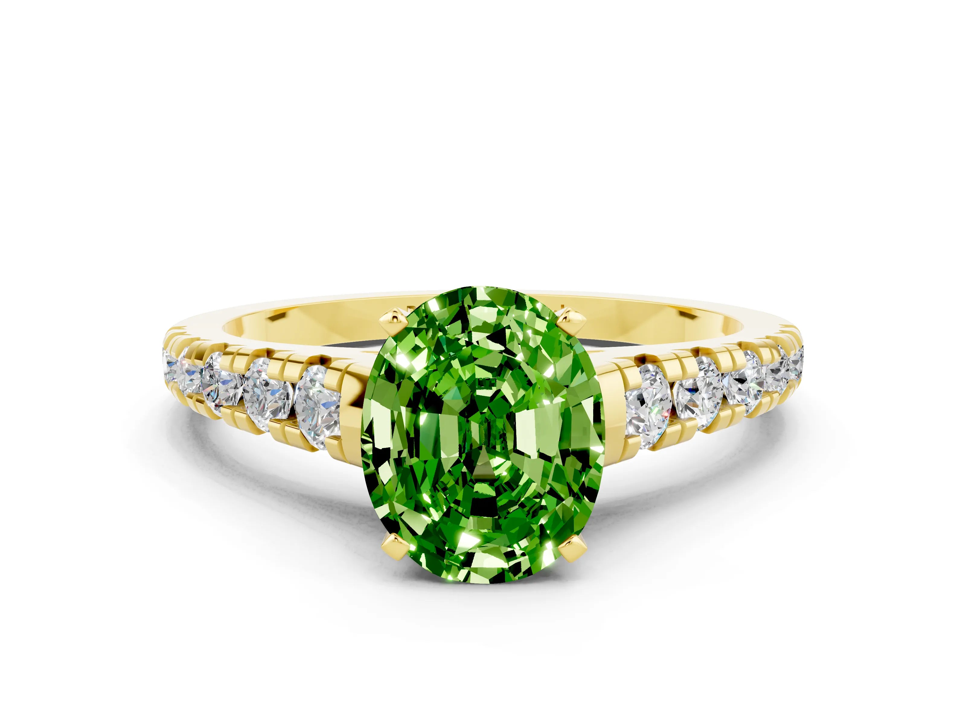 Yellow gold Fancy White Oval Cut Peridot Solitaire Ring with Cathedral Setting and Pavé Band