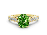 Yellow gold Fancy White Oval Cut Peridot Solitaire Ring with Cathedral Setting and Pavé Band