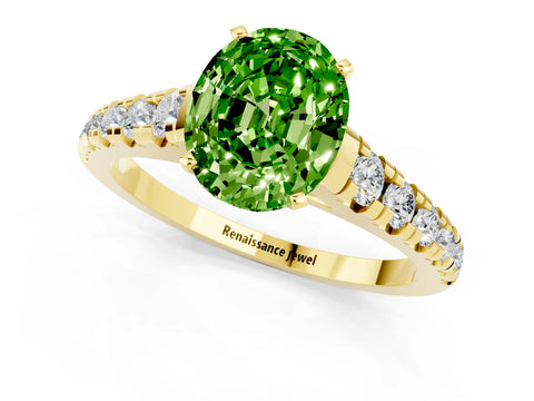 Yellow gold Fancy White Oval Cut Peridot Solitaire Ring with Cathedral Setting and Pavé Band_1