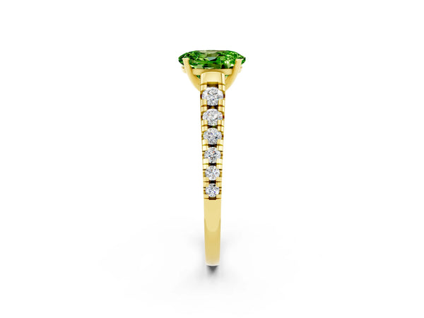 Yellow gold Oval Cut Peridot Cathedral Solitaire Ring with Round  Pavé Band