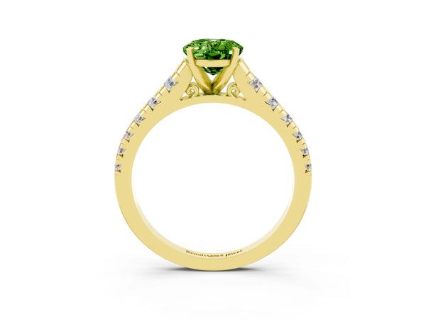 Yellow gold Oval Cut Peridot Cathedral Solitaire Ring with Round  Pavé Band