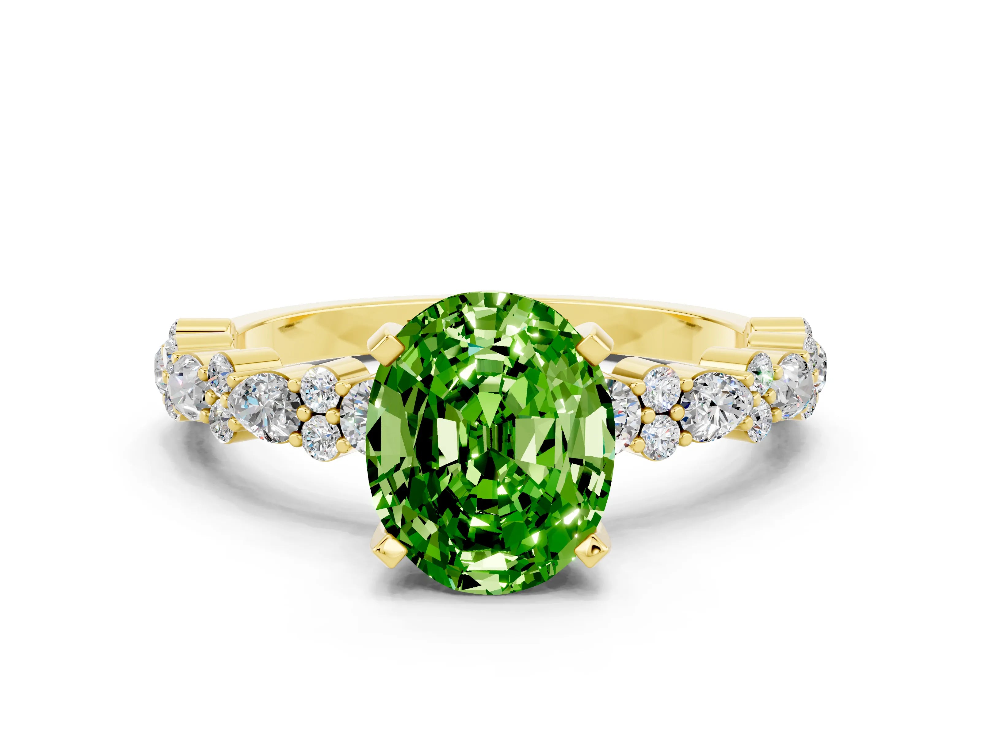 Yellow gold Fancy White Oval Cut Peridot Solitaire with Side Stones, Pave Band, Four-Prong Setting_12
