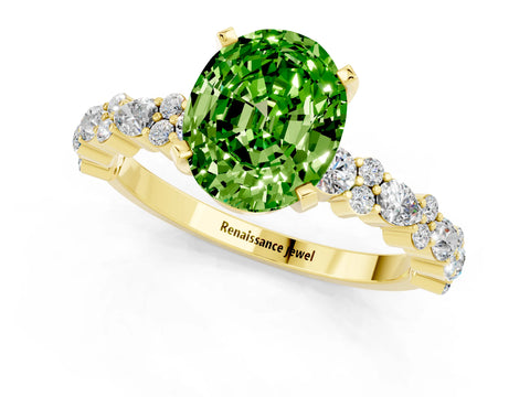 Yellow gold Fancy White Oval Cut Peridot Solitaire with Side Stones, Pave Band, Four-Prong Setting_13
