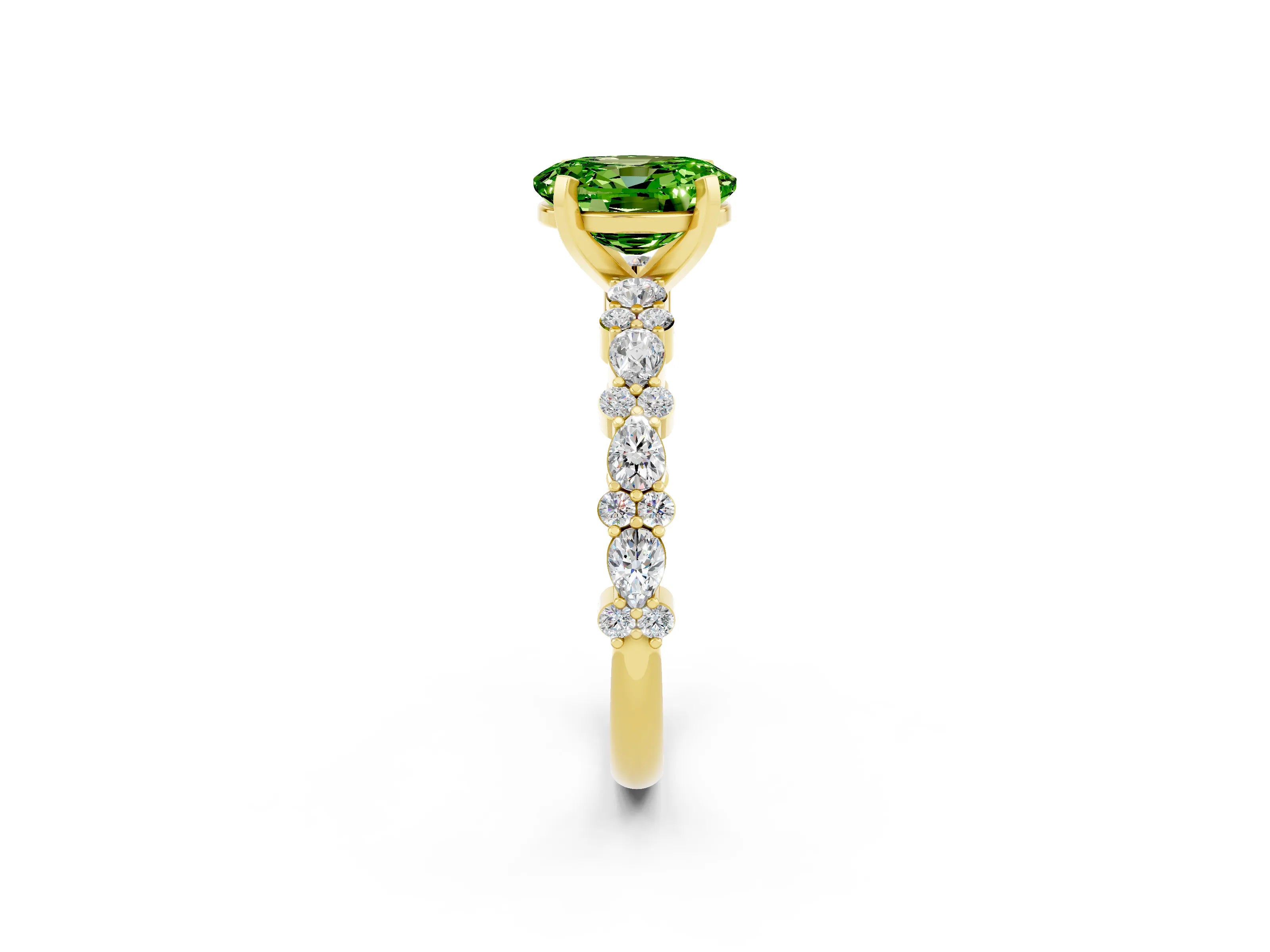 Yellow gold Fancy White Oval Cut Peridot Solitaire with Side Stones, Pave Band, Four-Prong Setting_14