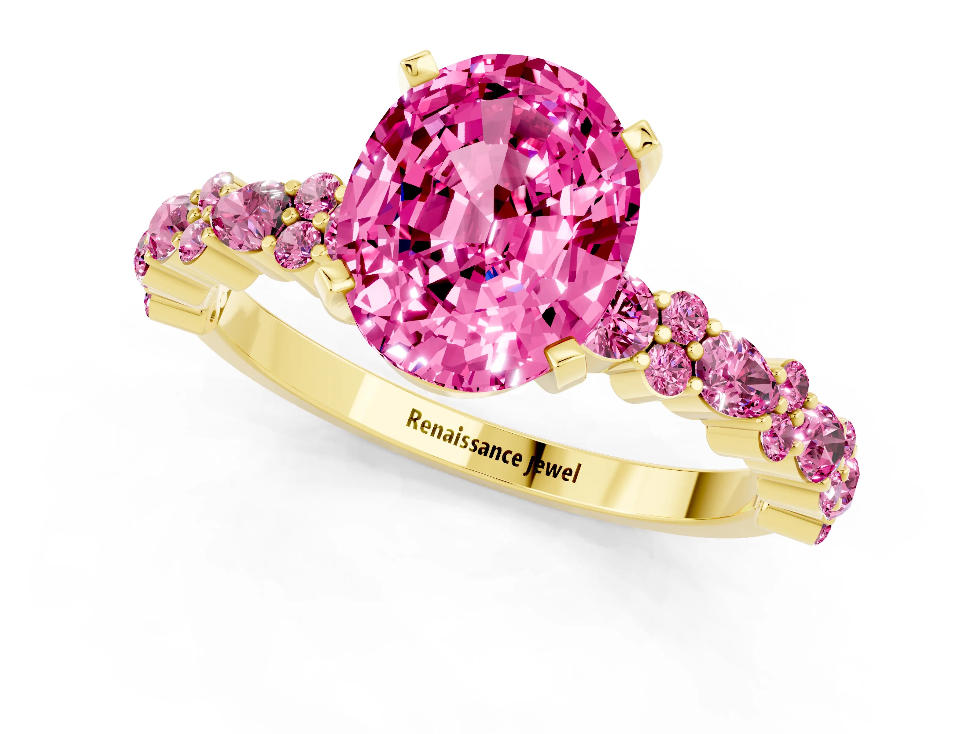 Yellow gold Fancy White Oval Cut Pink Sapphire Solitaire with Side Stones, Pave Band, Four-Prong Setting_1
