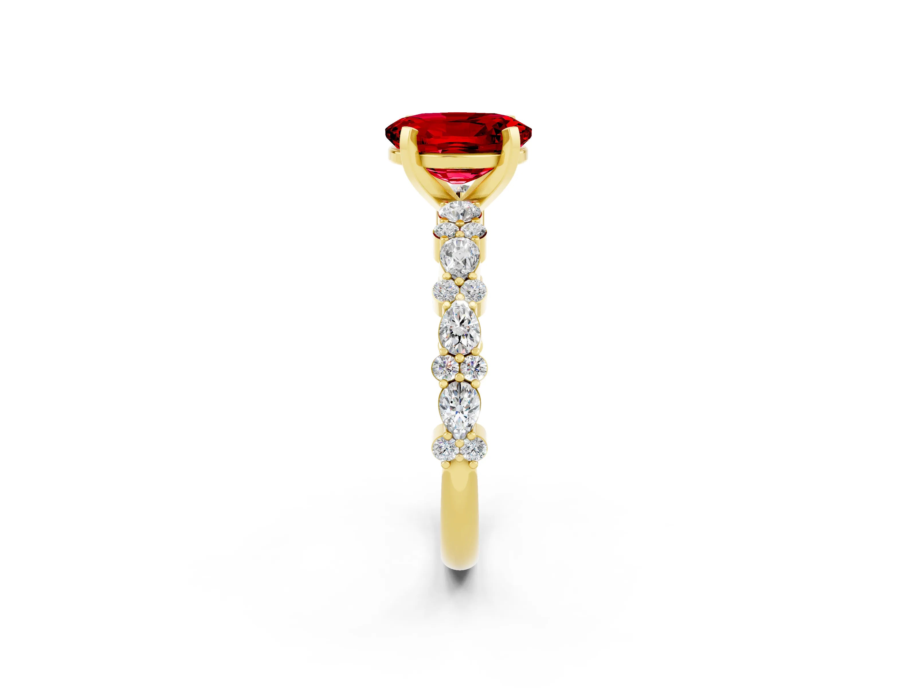 Yellow gold Fancy White Oval Cut Ruby Solitaire with Side Stones, Pave Band, Four-Prong Setting_2