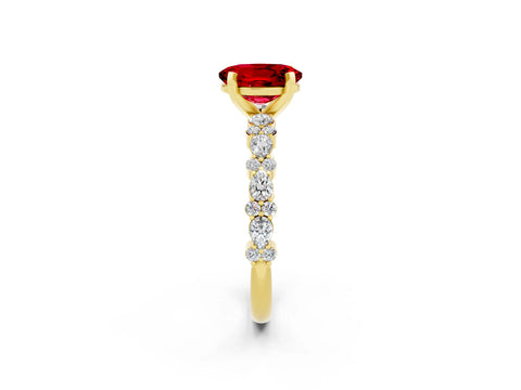 Yellow gold Fancy White Oval Cut Ruby Solitaire with Side Stones, Pave Band, Four-Prong Setting_2