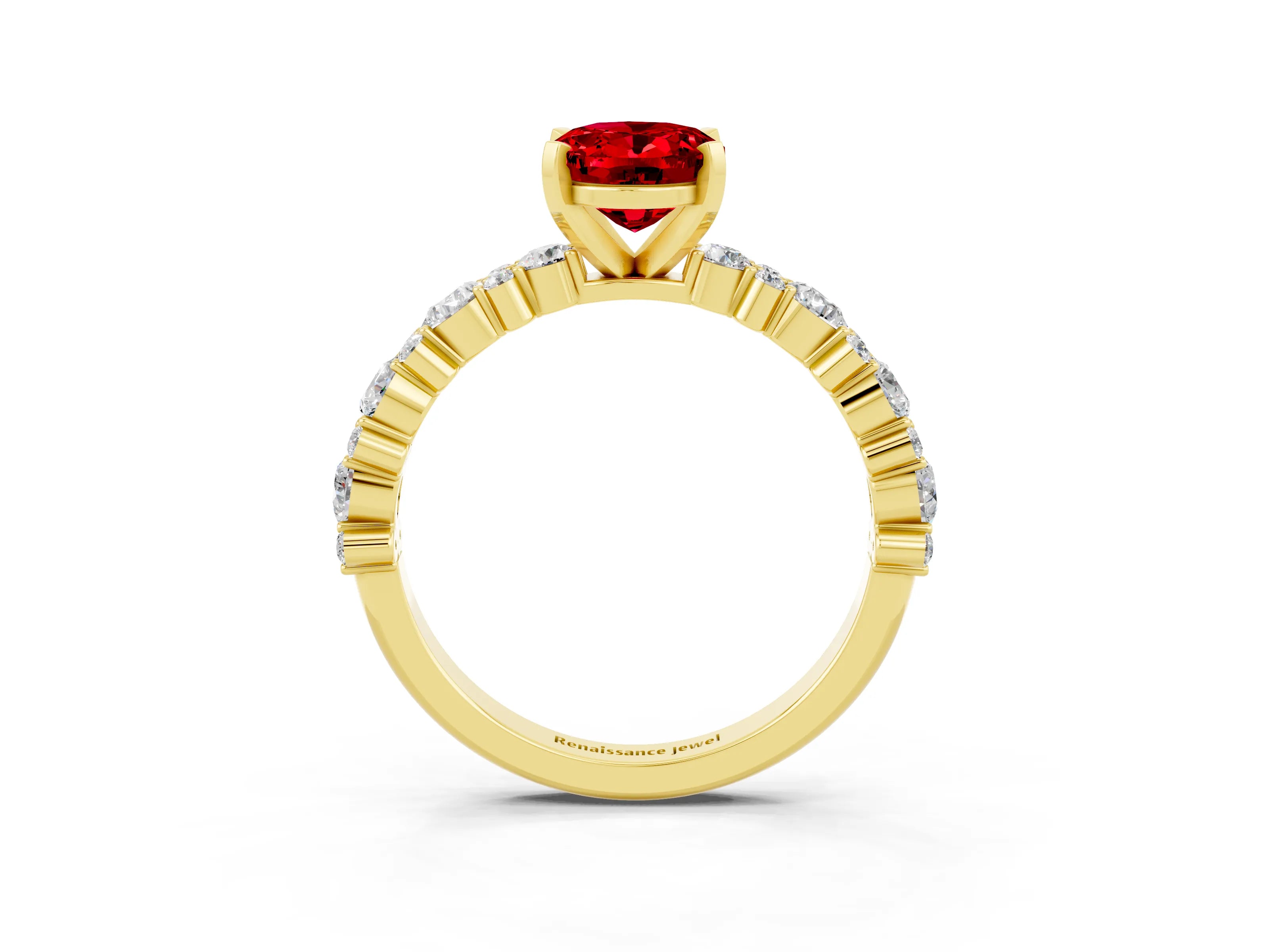 Yellow gold Fancy White Oval Cut Ruby Solitaire with Side Stones, Pave Band, Four-Prong Setting_3