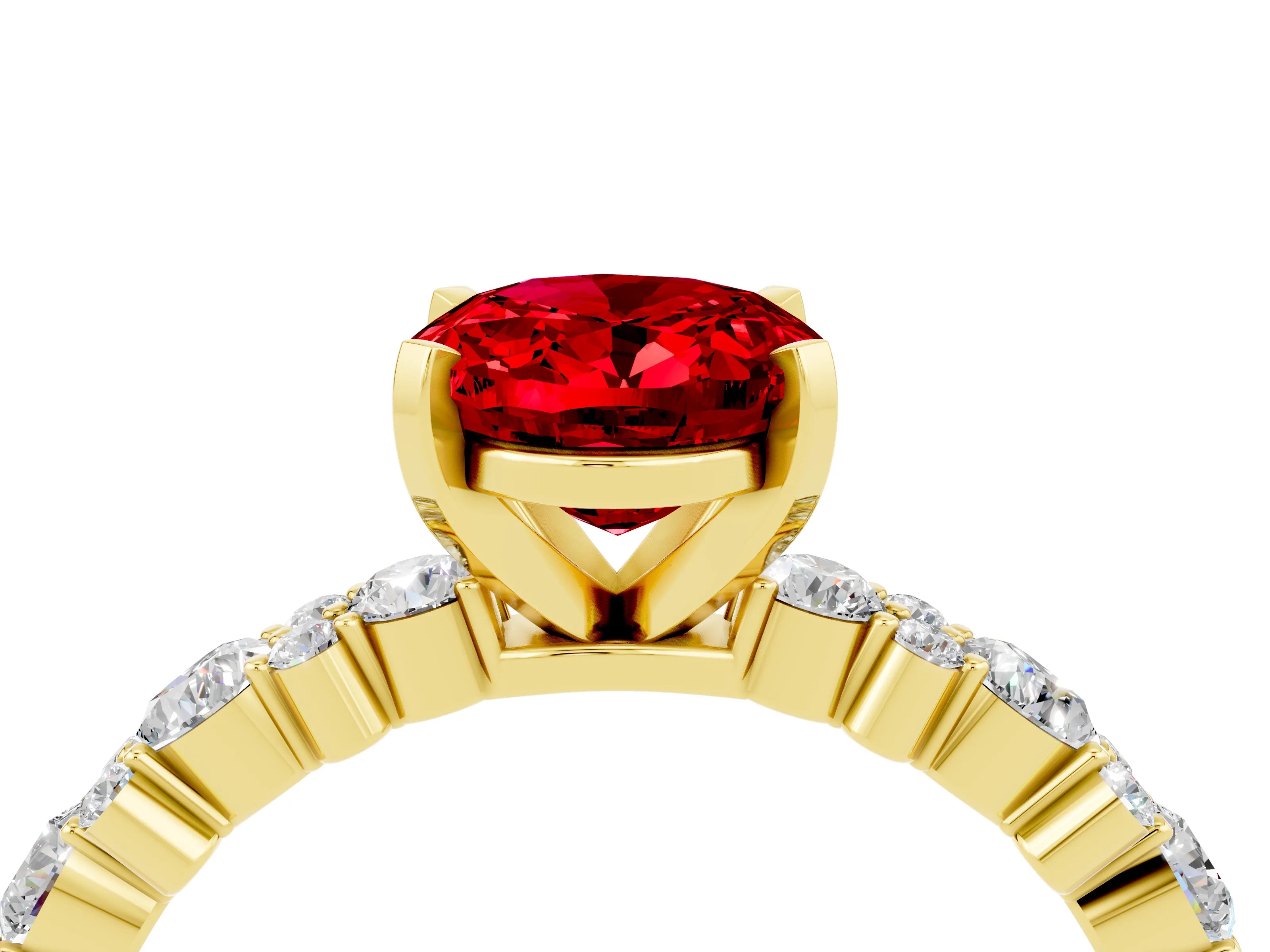 Yellow gold Fancy White Oval Cut Ruby Solitaire with Side Stones, Pave Band, Four-Prong Setting_4