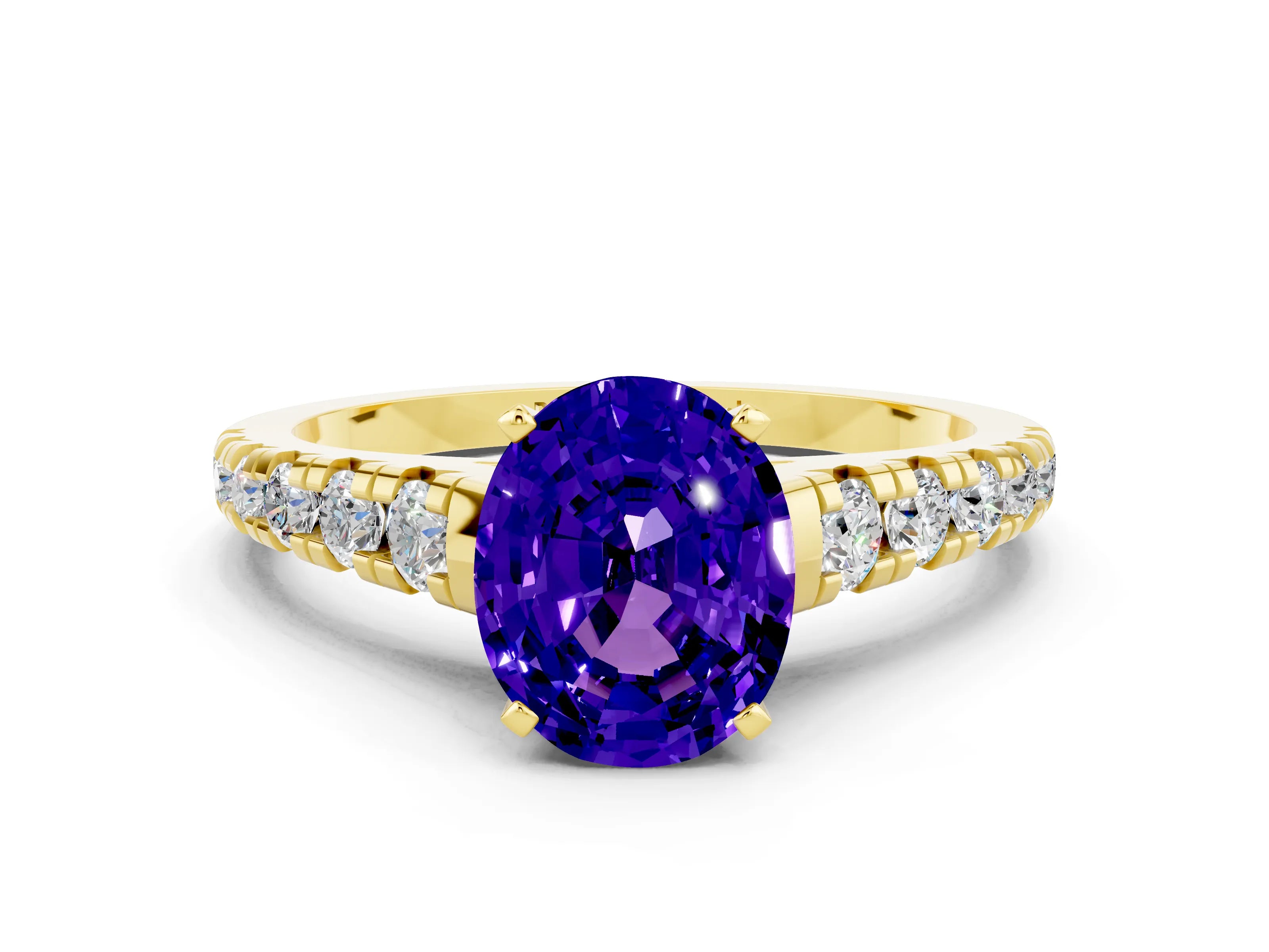 Yellow gold Fancy White Oval Cut Tanzanite Solitaire Ring with Cathedral Setting and Pavé Band