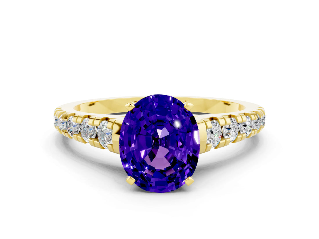 Yellow gold Fancy White Oval Cut Tanzanite Solitaire Ring with Cathedral Setting and Pavé Band