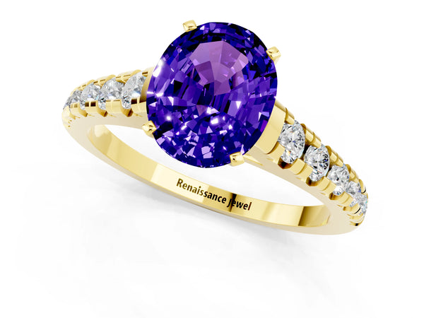 Yellow gold Oval Cut Tanzanite Cathedral Solitaire Ring with Round  Pavé Band