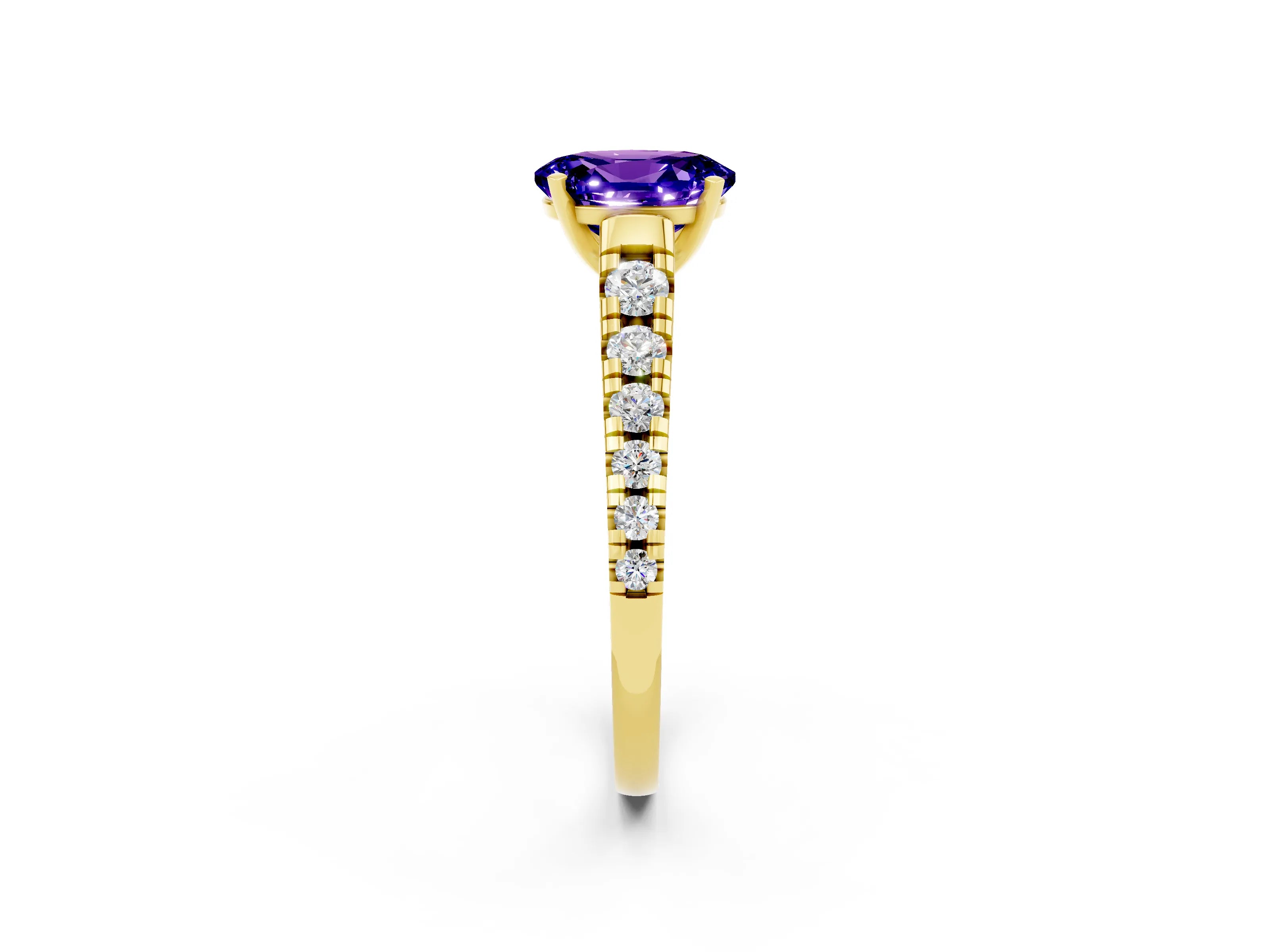 Yellow gold Fancy White Oval Cut Tanzanite Solitaire Ring with Cathedral Setting and Pavé Band_2