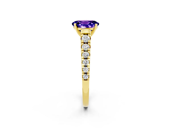 Yellow gold Oval Cut Tanzanite Cathedral Solitaire Ring with Round  Pavé Band
