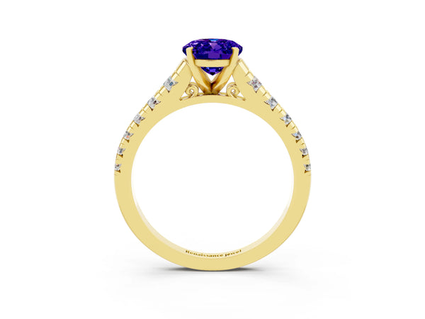 Yellow gold Oval Cut Tanzanite Cathedral Solitaire Ring with Round  Pavé Band
