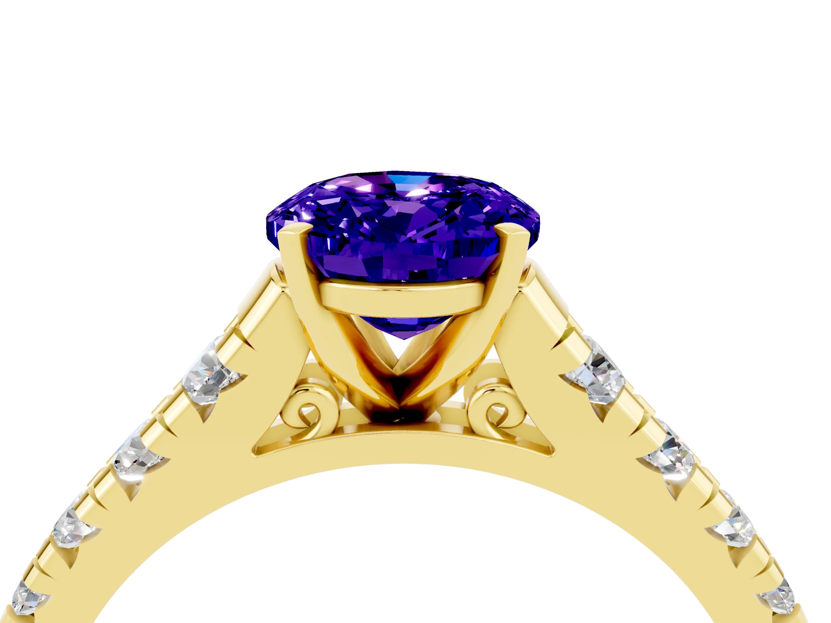 Yellow gold Fancy White Oval Cut Tanzanite Solitaire Ring with Cathedral Setting and Pavé Band_4
