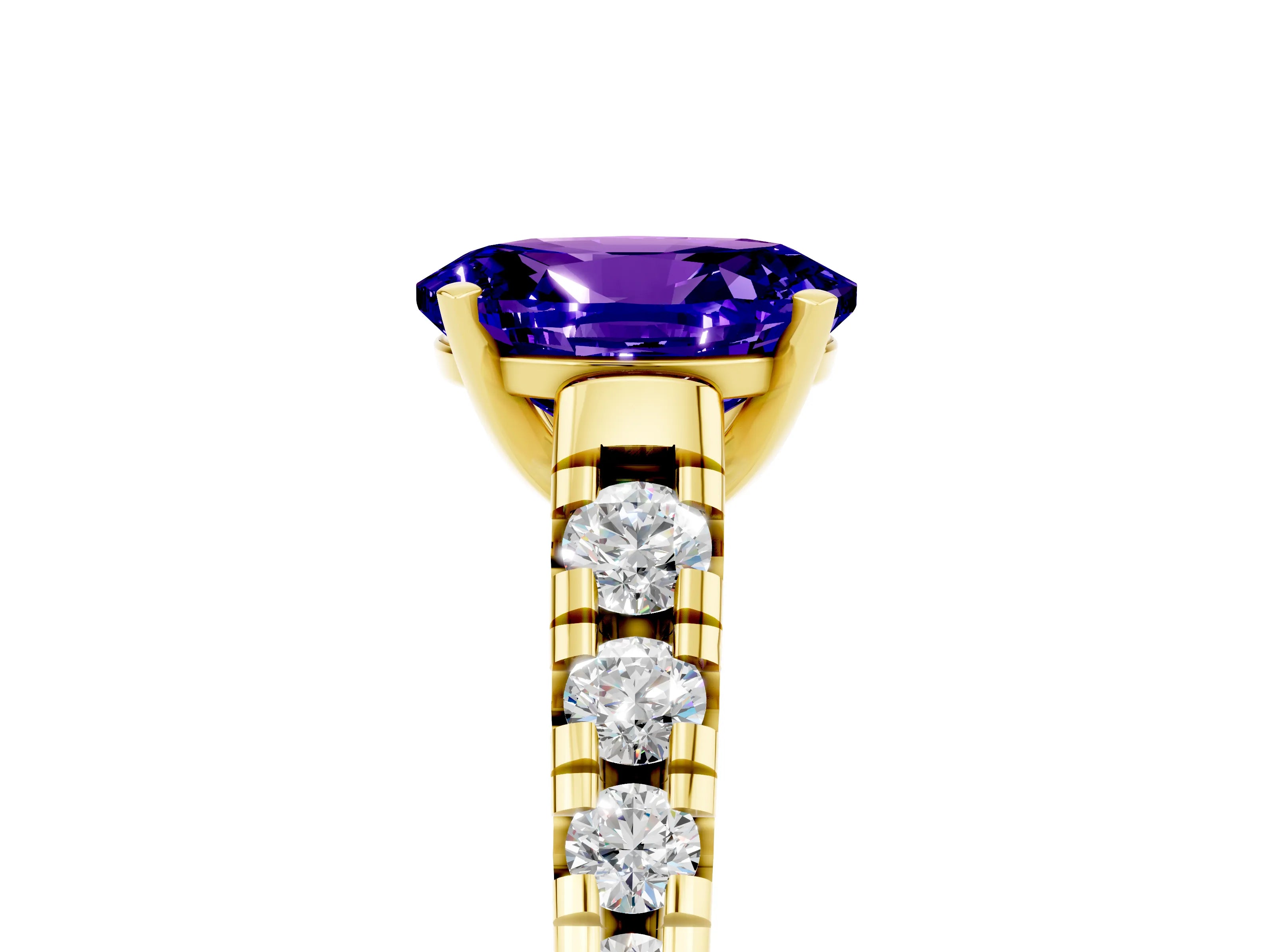 Yellow gold Fancy White Oval Cut Tanzanite Solitaire Ring with Cathedral Setting and Pavé Band_5