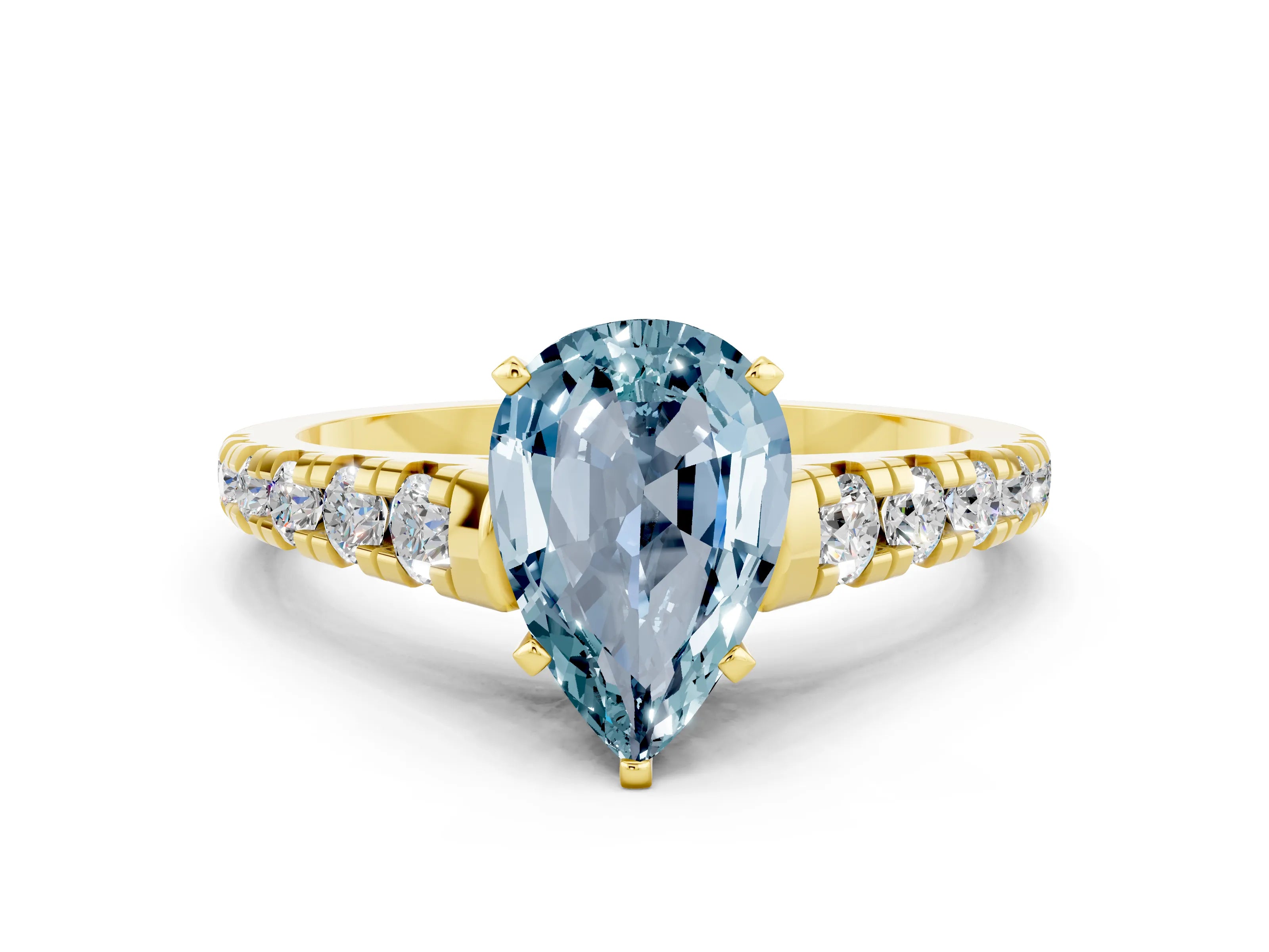 Yellow gold Fancy White Pear Cut Aquamarine Solitaire Ring with Cathedral Setting and Pavé Band