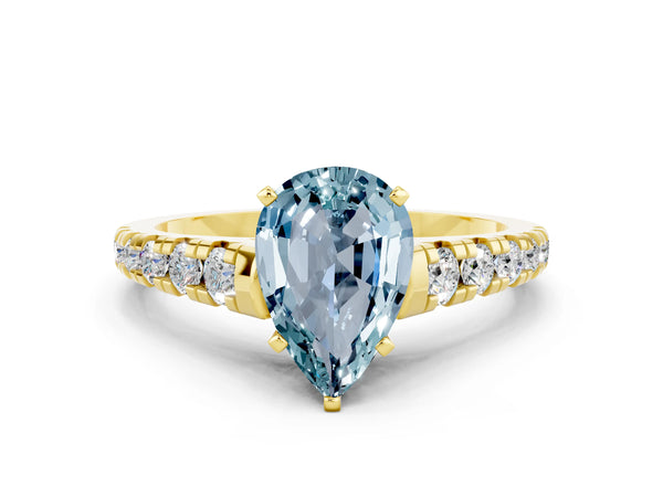 Yellow gold Pear Cut Aquamarine Cathedral Solitaire Ring with Round  Pavé Band